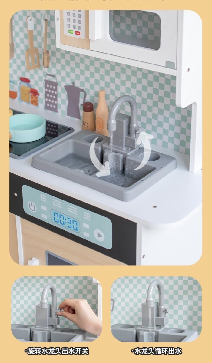 Wooden Kitchen - White & Wood Colored Kitchen with Fridge - Image 3