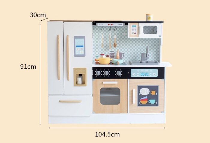Wooden Kitchen - White & Wood Colored Kitchen with Fridge - Image 4