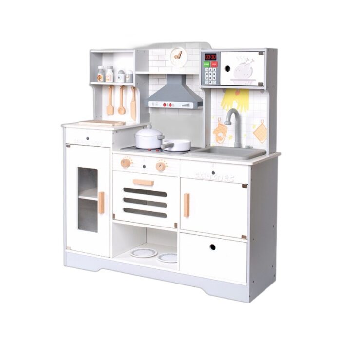 Wooden Kitchen - White with Grey Lining - Small Fridge & Light - Image 3