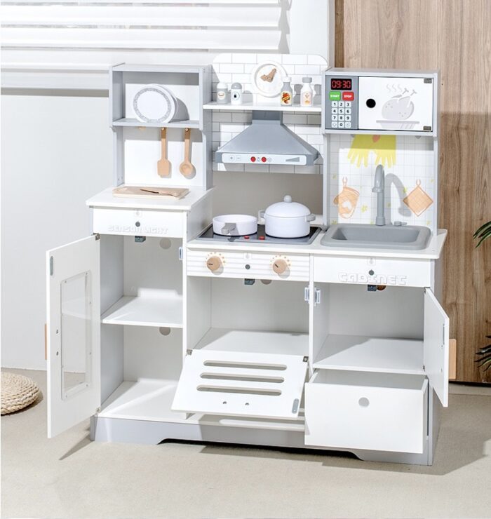 Wooden Kitchen - White with Grey Lining - Small Fridge & Light - Image 5