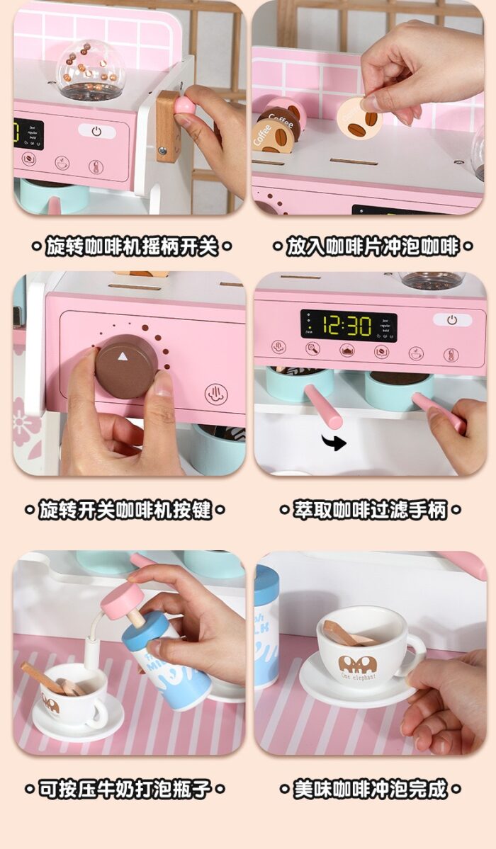 Wooden Kitchen - Pink with Coffee Counter & Fridge - Image 2