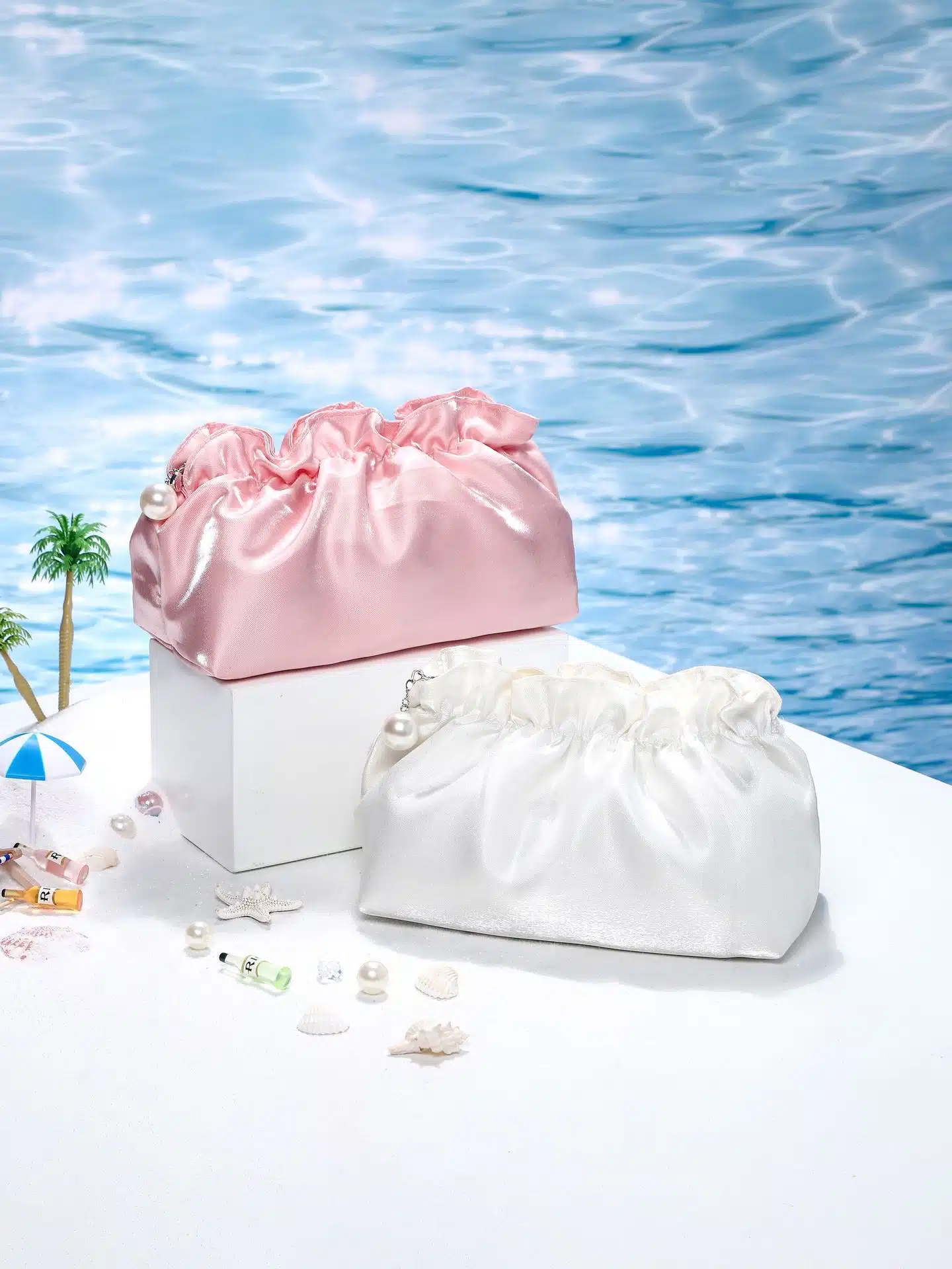 Makeup Bag - Satin With Pearl - Image 1