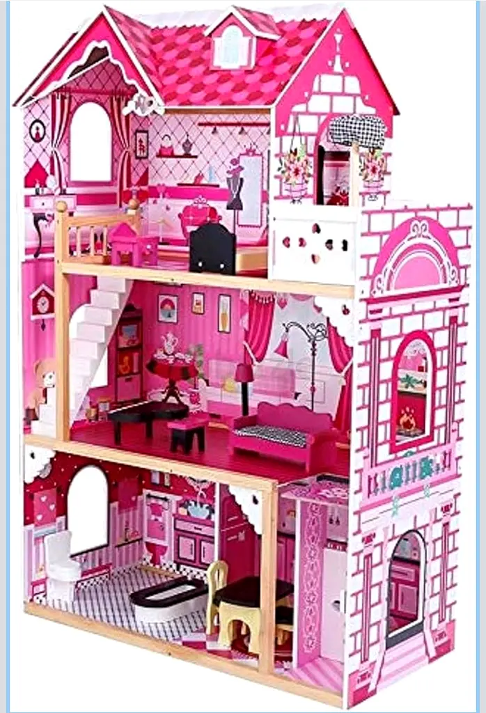 IMG_6422 Wooden Doll House - 3 Story Fuchsia - Image 1